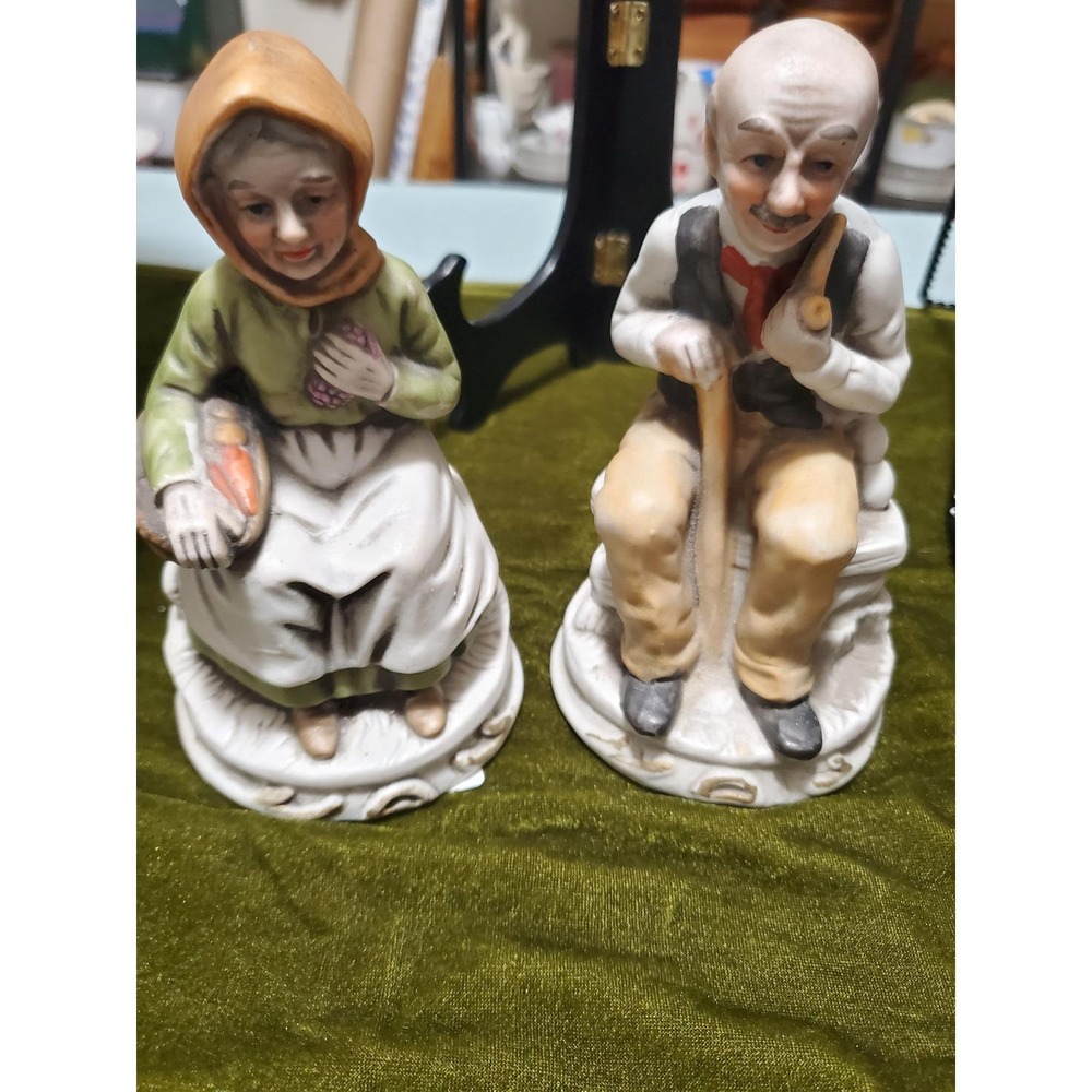 Vintage Elderly Couple Figurines, Grandparent Sitting Porcelain Statues